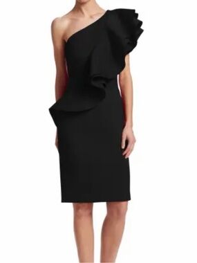 NERO by Jatin Varma black one shoulder ruffle sheath dress